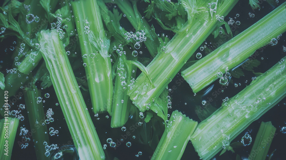 Poster fresh celery sticks floating in sparkling water - healthy eating and refreshment concept