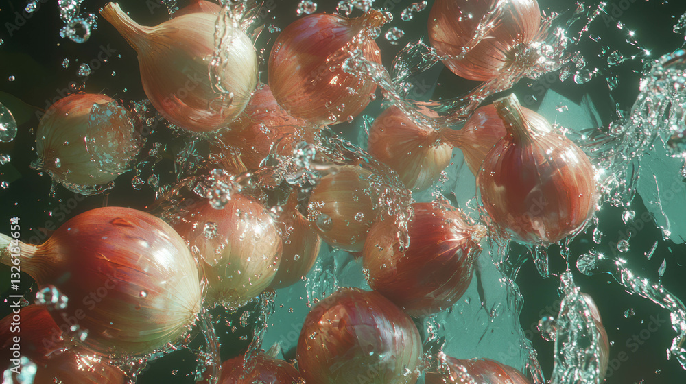 Poster Fresh onions submerged in water with splashing droplets in overhead view