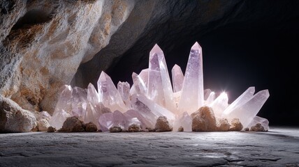 Beautiful clear quartz crystals emerging from rocky cave, shimmering in natural light.