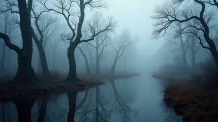 Obraz premium A mysterious fog-covered swamp with gnarled, ancient trees rising from dark, still waters. Thick mist drifts between branches, creating an eerie, atmospheric scene.