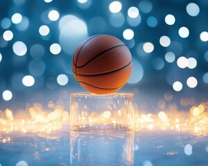 Fototapeta premium A basketball resting on a pedestal surrounded by glowing lights