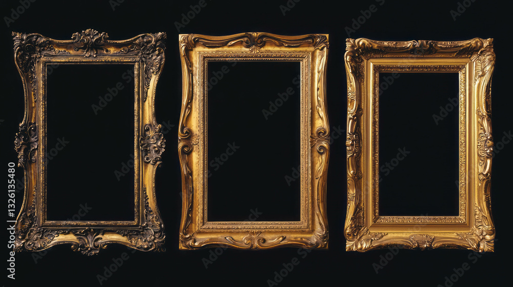 Poster Elegant antique style decorative empty picture frames on a dark background for interior design and art display