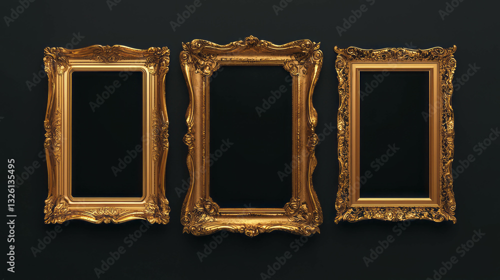 Poster elegant display of three ornate gold picture frames against dark background