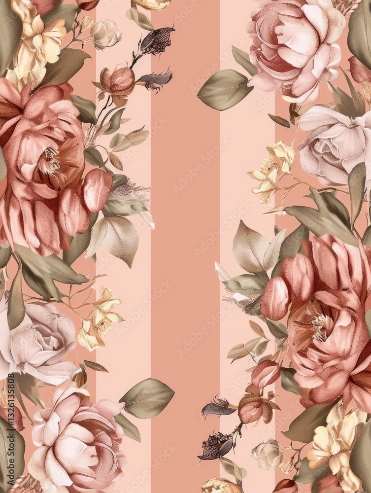 Poster The pattern features a border of delicate floral illustrations on either side of the design, leaving the center blank for possible text or imagery.