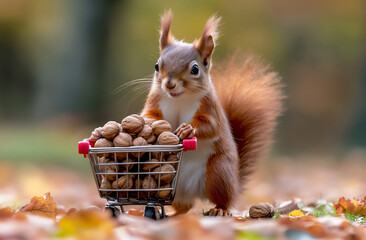 a cute squirrel pushing a tiny shopping cart full of nuts in the forest, © Sung Hwan Kim