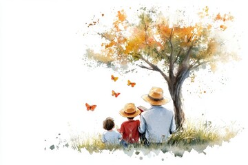 A dreamy watercolor depiction of a teacher sitting under a tree, reading a book to attentive students on World Teacher Day
