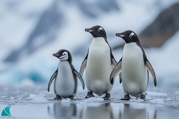 Obraz premium Three penguins are gathered on a snowy surface, showcasing a parent and an adorable chick