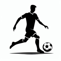 Silhouette of soccer player running with ball. Dynamic football action illustration in black and white on white background
