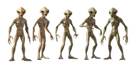 Group of five slender gray alien figures standing in a row presenting a science fiction theme for media use.