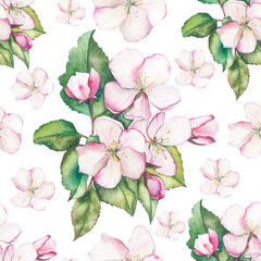 seamless pattern with pink flowers.Seamless pattern spring flowers of fruit trees on white background. Flowers of apricot, cherry, pear, apple, peach, pink and white sakura. Realistic, plants for fabr