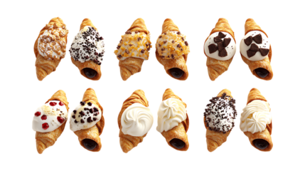 Assortment of twelve gourmet cannoli pastries with various sweet toppings isolated on a clean white surface.