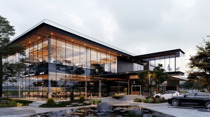 Obraz premium Modern Glass Facade Building with Outdoor Seating Area and Garden