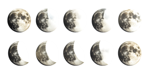 Sequence displaying the complete phases of the moon cycle from full illumination to crescent for educational science materials.