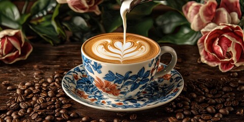 Fototapeta premium A barista's hand pouring steamed milk to create latte art in a cappuccino cup, surrounded by coffee beans