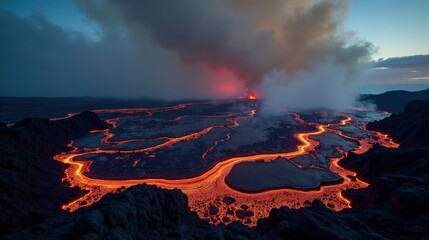 Fototapeta premium A volcanic landscape with molten lava rivers glowing intensely beneath a dark, smoke-filled sky, the raw power of nature captured in a dramatic, fiery scene.