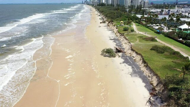 Aerial view across over Gold Coast coastline of the beach erosion and fallen trees after cyclone Alfred.