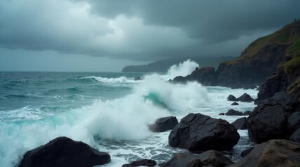 Obraz premium A stormy ocean with colossal waves crashing against a rugged, rocky coastline. Dark clouds loom overhead as the sea churns with relentless power.