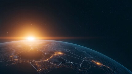 Obraz premium A stunning view of Earth from space, showcasing a glowing sunrise over the horizon, with interconnected city lights visible beneath.