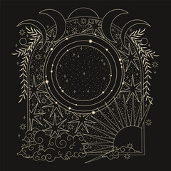 Vector illustration set of moon phases. Different stages of moonlight activity in vintage engraving style. Zodiac Signs	