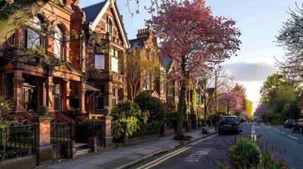 Obraz premium Scenic Residential Street with Victorian Houses and Blooming Trees