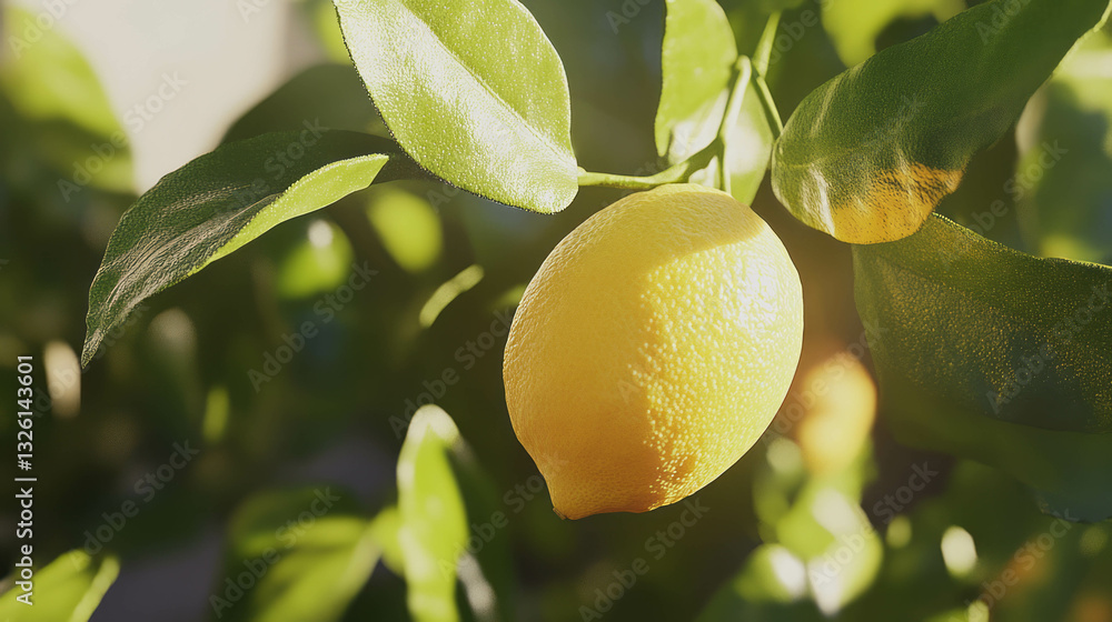 Poster hyper realistic close-up of lemon fruit with sunlit leaves for nature and art design