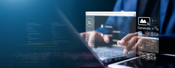 Chat with AI or Artificial Intelligence. Young businessman chatting with a smart AI or artificial...