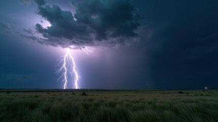 A fierce thunderstorm over an open prairie, jagged lightning bolts illuminating the dark sky, heavy rain falling over the vast grassy plains in this dramatic high-definition scene.