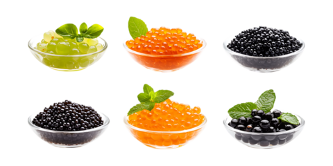Six small glass bowls containing red, black, and green fish roe isolated on a clean white surface.