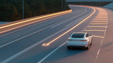 A sleek white car drives along a modern highway, illuminated by dynamic light trails, illustrating speed and technological advancement.