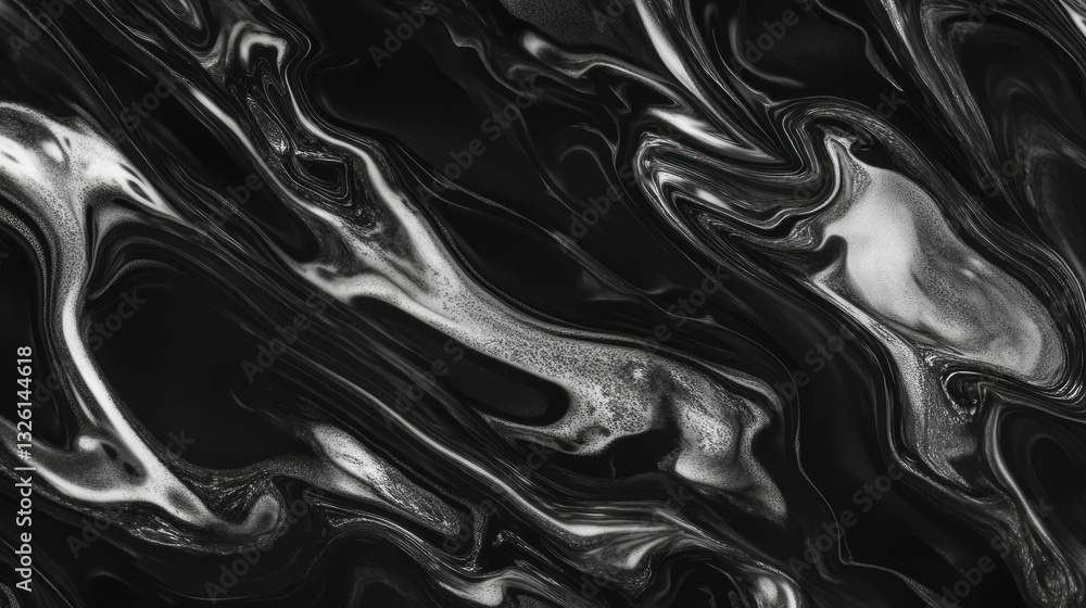 Poster abstract fluid art with black and white swirls and glue texture