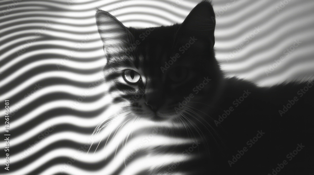 Poster black and white cat in moiré pattern waves with shadow effects