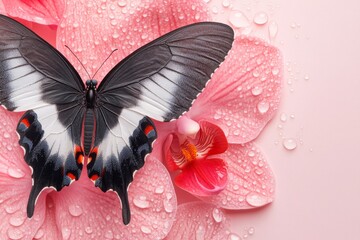 A hyper-realistic close-up of a butterfly wings resting on a vibrant orchid, with every scale and texture intricately detailed