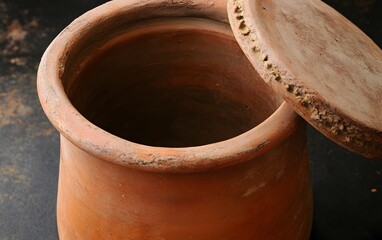 Obraz premium Ancient Clay Pot with Lid, Rustic Terracotta Jar, Empty Container