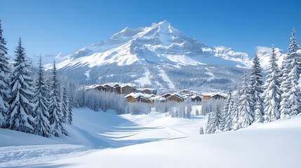 Snowy Mountain Village Winter Landscape Scene