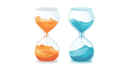 Digital illustration of two hourglasses positioned side by side against a white background.  Each hourglass features a transparent glass structure containing a liquid; one is colored orange and the