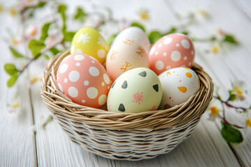 Obraz premium Easter eggs with hand-painted decorations resting in a basket