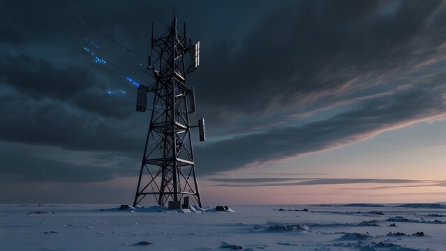 Massive 5G tower glowing circuits abandoned high-tech city night holographic digital data streams cyberpunk futuristic neon lights technology sci-fi atmospheric transmission

 - Powered by Adobe