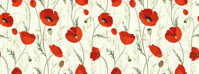 Floral seamless pattern with red poppies. Springtime cute background with poppies. Floral summer background. Romantic print. Vector illustration.