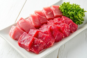 Fresh sliced beef and pork cubes with parsley on white plate