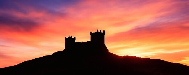 A dramatic silhouette of a castle against a vibrant sunset sky