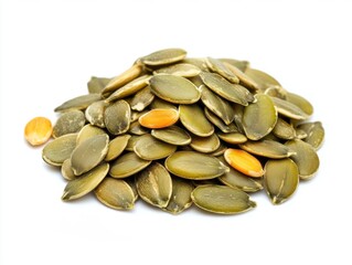 Pumpkin seeds in a pile on white background ready for consumption