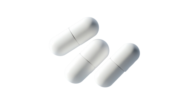 "A trio of white pills floating weightlessly in the air, isolated on transparent background, capturing a sense of simplicity and purity."