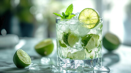 Fototapeta premium Mojito with ice, lime and mint in glass. Summer alcoholic cocktail. Copy space. 