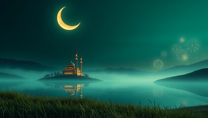 Serene yet celebratory image of a mosque, crescent moon, and fireworks. Perfect for Ramadan or Eid themes.