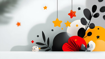 An abstract composition showing decorative shapes and colorful stars
