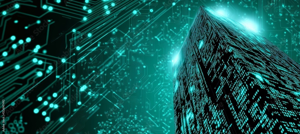 Aufkleber futuristic skyscraper of data code on glowing circuit board, symbolizing digital age advancement.