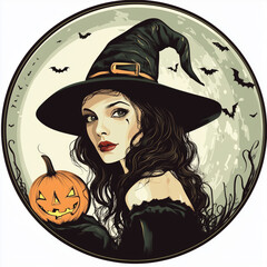 Vintage Halloween Witch Round Stickers with Pumpkins – Spooky and Nostalgic