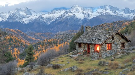 Obraz premium Mountain Cabin Fire Autumn Landscape