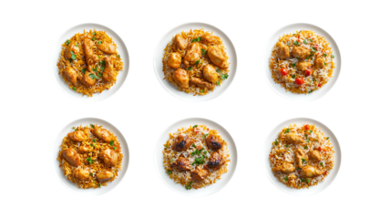 Six top-down views of Indian curry dishes with rice served in small white bowls for an ethnic food menu.