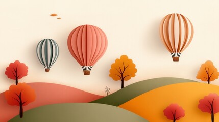 Fototapeta premium Pastel Hot Air Balloons Over Autumnal Hills